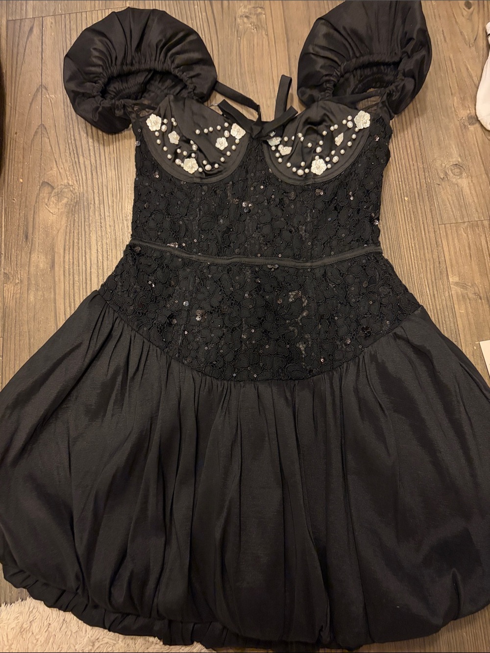 For Love & Lemons Black Embellished Puff Sleeve Mini Dress